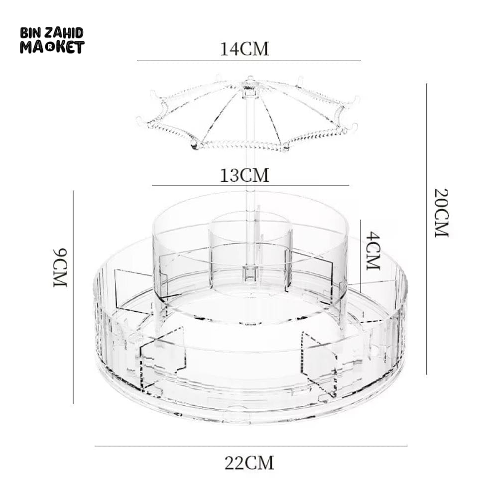 ELEGANT ROTATING COSMETIC STAND – MULTI-TIER MAKEUP HOLDER WITH CRYSTAL UMBRELLA TOP