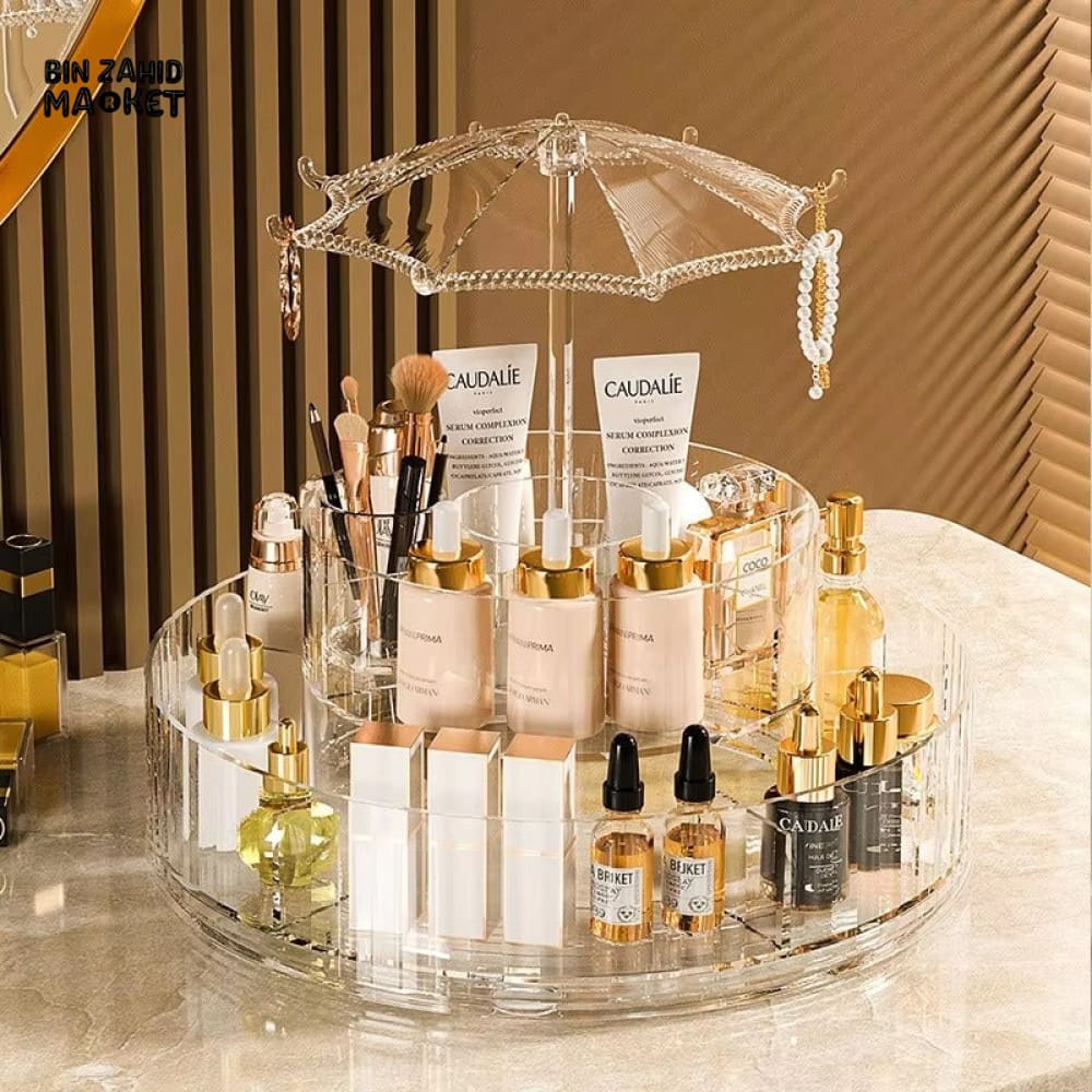 ELEGANT ROTATING COSMETIC STAND – MULTI-TIER MAKEUP HOLDER WITH CRYSTAL UMBRELLA TOP